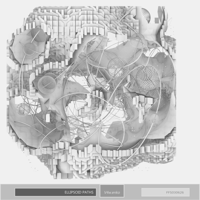 A grayscale abstract 3D rendering titled 'ELLIPSOID PATHS' by V4w.enko with the code 'FFS030626' displayed at the bottom, featuring a complex cube-like structure with spheres, spirals, and wireframe elements.