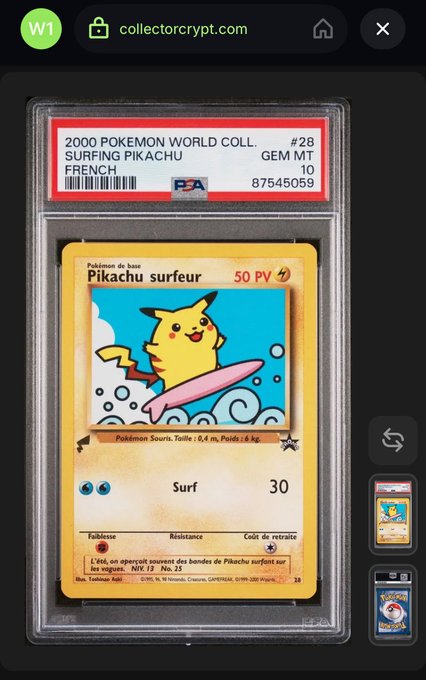 A PSA-graded 2000 Pokemon World Collection Surfing Pikachu card (French version) with a Gem Mint 10 rating and serial number 87545059.