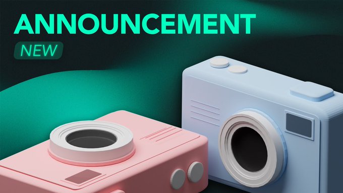 A promotional graphic with the text 'ANNOUNCEMENT NEW' on a teal gradient background, featuring two stylized 3D-rendered cameras in pink and light blue.