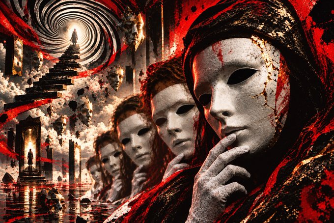 A dark, surreal digital artwork features a row of figures wearing white masks with red stains, set against a swirling red and black background with architectural elements.