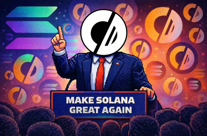 A political-style illustration parodying 'Make America Great Again' with the slogan 'MAKE SOLANA GREAT AGAIN' on a podium, featuring a figure with a Solana logo head pointing upward against a colorful Solana-themed background.