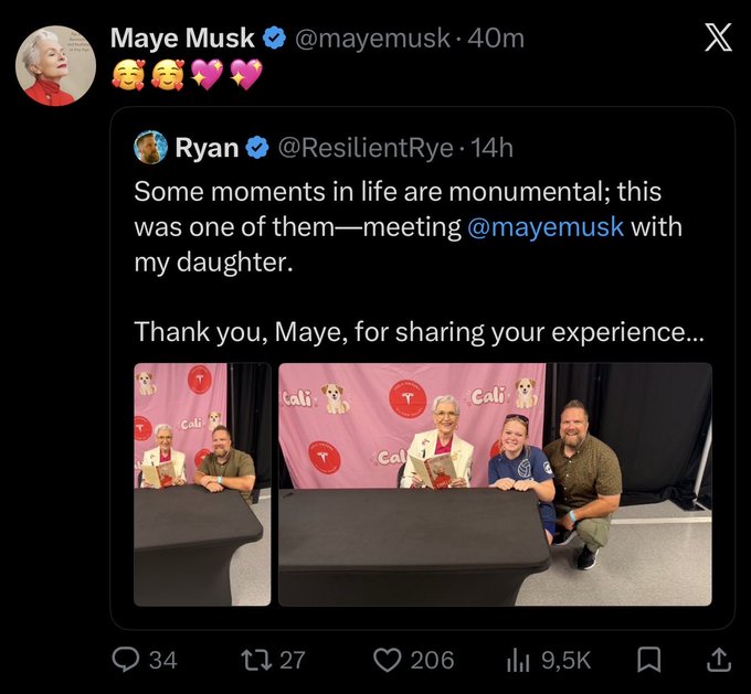 A quote tweet from Maye Musk (@mayemusk) reacting with heart emojis to Ryan's (@ResilientRye) post about meeting her with his daughter, including photos of them together at a 'Cali' book event.