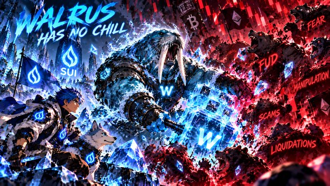 Promotional artwork for 'WALRUS HAS NO CHILL' featuring a blue walrus warrior battling red monsters labeled 'FEAR,' 'FUD,' 'MANIPULATION,' 'SCAMS,' and 'LIQUIDATIONS,' with Sui (SUI) branding visible.
