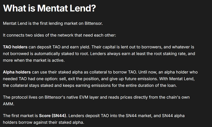 A dark-themed informational page titled 'What is Mentat Lend?' explaining it as the first lending market on Bittensor, connecting TAO holders (lenders) and Alpha holders (borrowers), with the first market being Score (SN44).