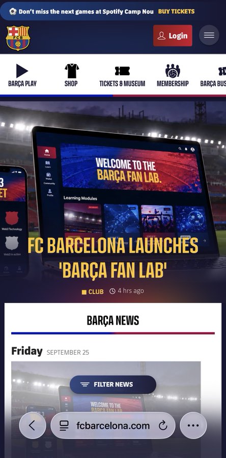 A screenshot of the FC Barcelona website showing a news article titled 'FC BARCELONA LAUNCHES 'BARÇA FAN LAB'' on the mobile site fcbarcelona.com.