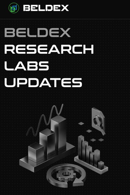 A dark-themed graphic from Beldex titled 'Beldex Research Labs Updates,' featuring 3D illustrations of bar charts, a memory card, and a gear icon.