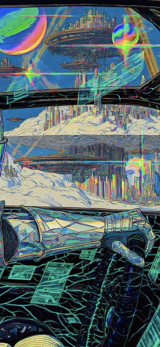 A vibrant cyberpunk-style digital artwork depicting a view through a window of futuristic floating cities in the clouds, with a holographic ray gun and scattered banknotes in the foreground.