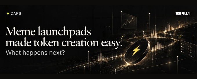 A black-and-gold promotional graphic for ZAPS and BERUAI reads “Meme launchpads made token creation easy. What happens next?” beside a lightning-bolt coin and digital cityscape.