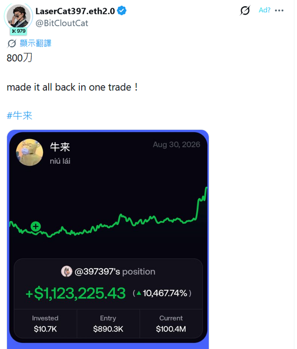 A Twitter/X post by LaserCat397.eth2.0 (@BitCloutCat) celebrating a major crypto gain on token 牛来 (niú lái), showing a position profit of +$1,123,225.43 (+10,467.74%) from a $10.7K investment now worth $100.4M, with the caption 'made it all back in one trade!'.