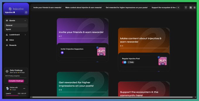 A screenshot of the Injective platform's quests dashboard, showing options like 'Invite your friends & earn rewards!' and 'Make content about Injective & earn rewards!' with XP points.