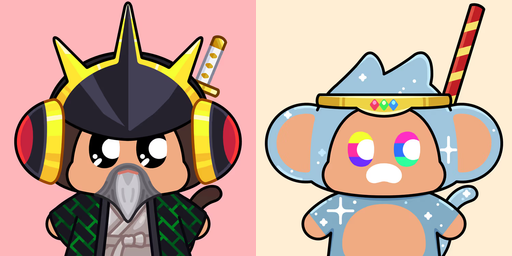 Two cartoon characters are shown: on the left, a character with a black and yellow samurai helmet and a grey beard, and on the right, a blue mouse-like character wearing a jeweled headband.