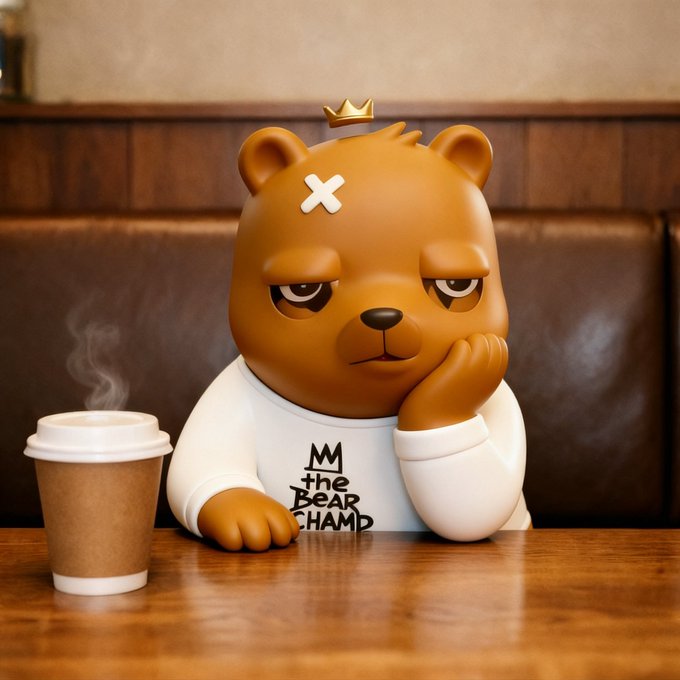 A 3D-rendered brown bear character with a small gold crown, wearing a white shirt that reads 'the BeAr CHAMP', sitting at a wooden table next to a steaming cup of coffee with a tired expression.