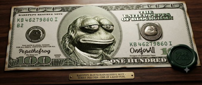 A novelty banknote titled 'Rare Pepe Reserve Note' featuring a Pepe the Frog character styled like a US $100 bill, with text 'One for All' and a green wax seal.