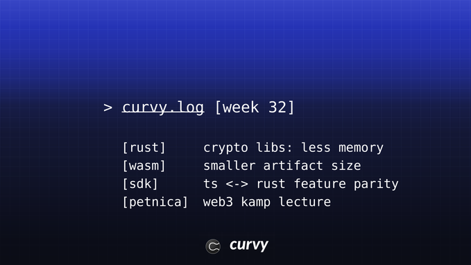A dark blue gradient slide displaying '> curvy.log [week 32]' with updates listed: [rust] crypto libs: less memory, [wasm] smaller artifact size, [sdk] ts <-> rust feature parity, and [petnica] web3 kamp lecture, with the Curvy logo at the bottom.
