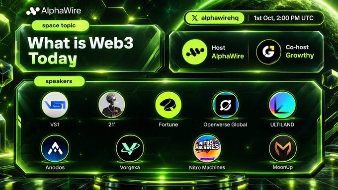 A promotional graphic for an AlphaWire Twitter Space titled 'What is Web3 Today' scheduled for October 1st, featuring host AlphaWire, co-host Growthy, and speakers including VS1, 21', Fortune, Openverse Global, ULTLAND, Anodos, Vorgexa, Nitro Machines, and MoonUp.