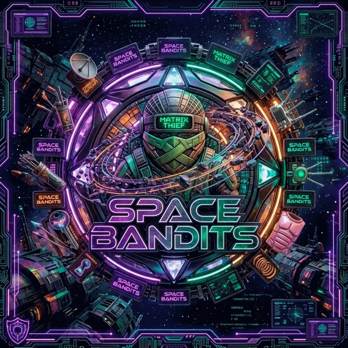 The image features a poster for a video game called "Space Bandits" with a futuristic, neon-colored design that includes planets and stars. The poster also contains text about the game's title and its release date. The main focus of the poster is a character wearing a green helmet who appears to be in space surrounded by various elements from the game, such as spaceships and other characters.