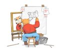 A simple cartoon drawing of a person sitting at an easel painting on a canvas.