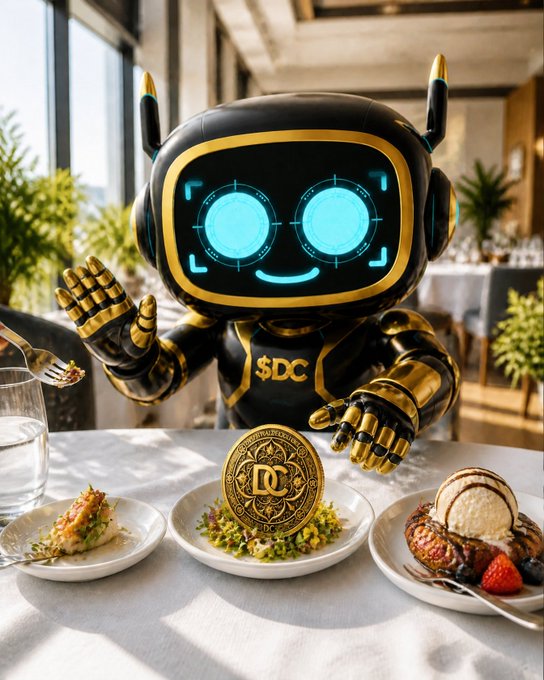 A black and gold robotic figure with glowing cyan eyes sits at a restaurant table set with plates of food and a gold coin bearing a 'DC' logo.