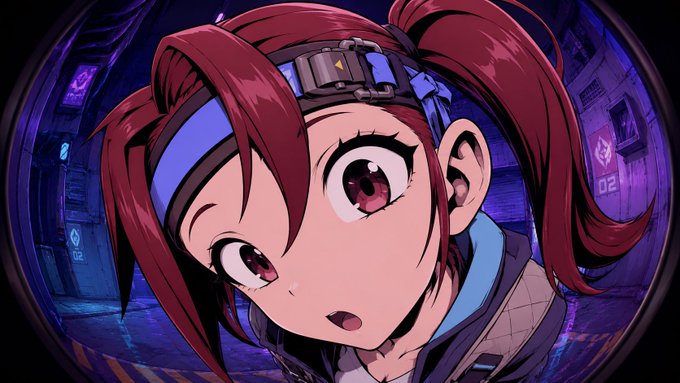 An anime character with wide eyes, brown hair, and a headband looks up in surprise, set against a dark, futuristic corridor background with a "02" marking. The image pairs with the upbeat "GM CT" (Good Morning Crypto Twitter) post about starting a new week with fresh energy, giving the cheerful, wide-eyed character an enthusiastic, ready-to-go vibe.