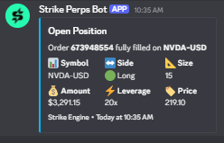 The image shows a screenshot of a trading app called Strike Perps Bot, which is open for position. The app displays information about an open position at a cryptocurrency exchange, specifically on the Ethereum blockchain. The user has just settled their long position on Bitcoin Cash, and the price of Bitcoin Cash has now reached $19.75 per token. The post also mentions that someone has posted a nice message in the comments section below the image.