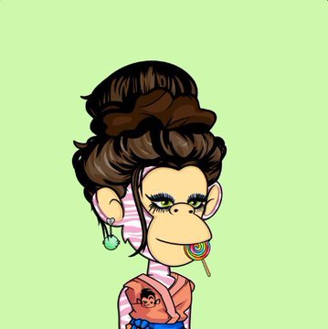 A cartoon/avatar illustration of a female character with brown hair in a bun, wearing an orange top with a small image on it, set against a green background.