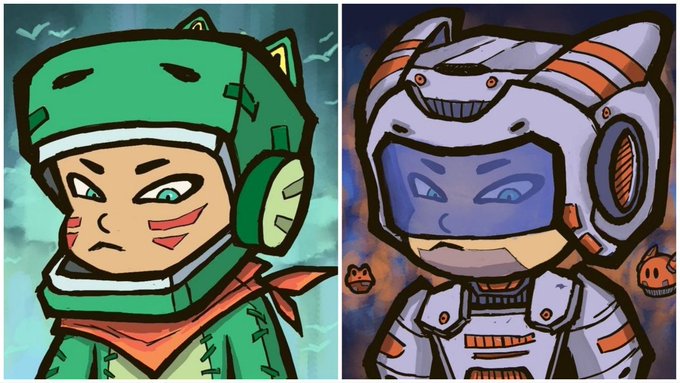 The image features two cartoon-style drawings of people wearing helmets, with one drawing being a robot and the other a person. The robot has an orange and white color scheme while the person wears a green dinosaur helmet. Both characters are depicted as wearing headphones.