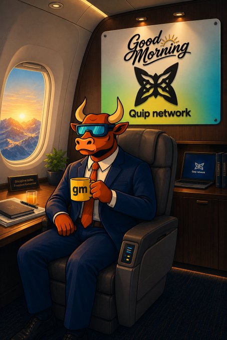 An illustrated anthropomorphic bull wearing sunglasses and a business suit sits in a private jet holding a mug labeled 'gm', with a 'Good Morning Quip network' sign displayed behind him.