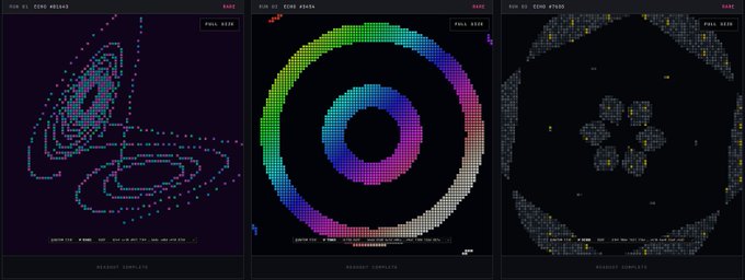 Three side-by-side computer terminal windows displaying ASCII art: a spiral galaxy labeled "CORE #53345", a colorful circular target labeled "CORE #24556", and a hexagonal pattern labeled "CORE #73555", all showing "MISSION COMPLETE".