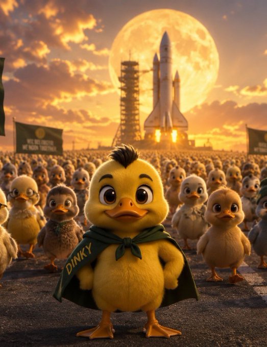 A digital illustration features a cartoon yellow chick wearing a green cape labeled 'DINKY' leading a crowd of chicks toward a space shuttle launching against a giant full moon.