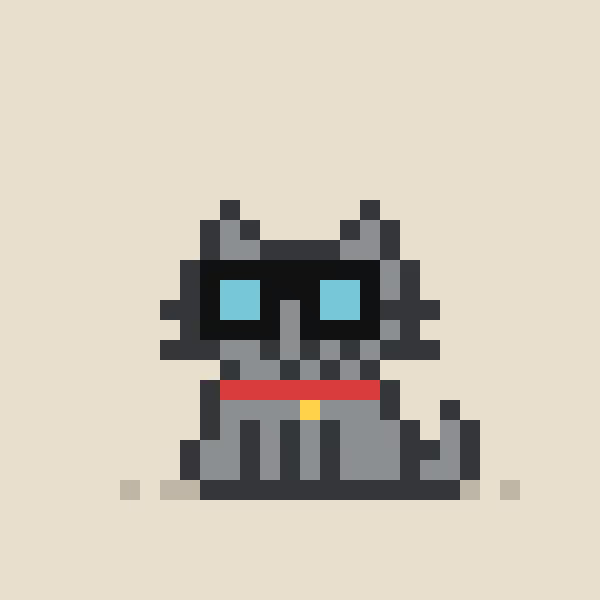 A pixel art illustration of a gray cat wearing black sunglasses and a red collar with a gold tag, sitting on a beige background.