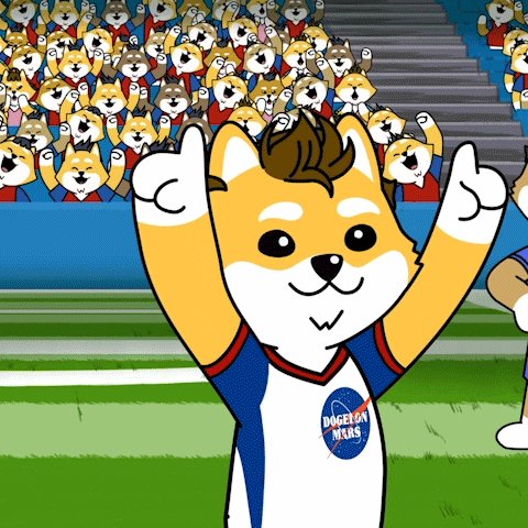 The image features a cartoon character, possibly a dog or a cat, wearing a blue shirt with "DOGERMAN MARS" written on it. The character appears to be cheering and giving two thumbs up while standing on a soccer field. The surrounding crowd consists of numerous other cartoon characters in various colors, all gathered together for the same cause.