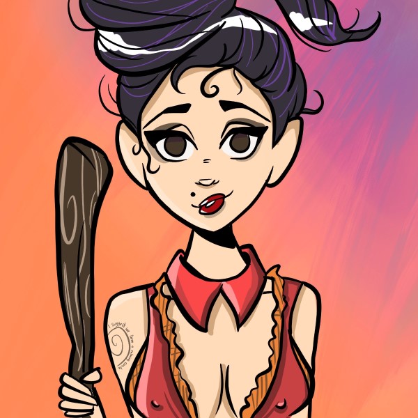 An anime-style illustration of a woman with dark hair styled in a high bun, holding a wooden bat or club, wearing a red top with a low neckline against a gradient orange and pink background.