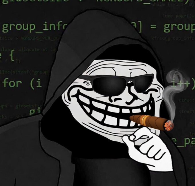 A digital illustration of a Trollface meme character wearing a black hood, sunglasses, and smoking a cigar, set against a background of green programming code.