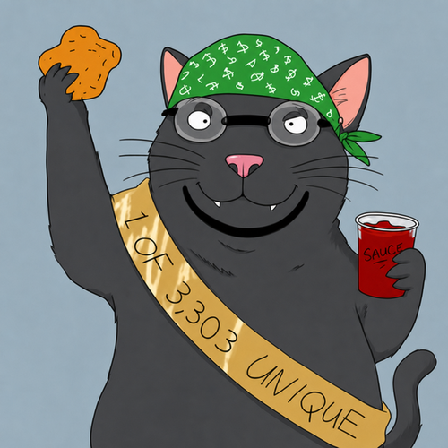 A cartoon black cat wearing a green bandana and sunglasses holds an orange nugget and a red cup labeled 'SAUCE', with a gold sash reading '1 OF 3,303 UNIQUE'.