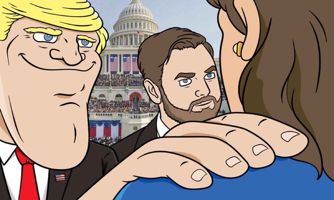 A cartoon illustration showing caricatures of Donald Trump, a bearded man, and another figure with their backs turned, with the US Capitol building in the background.