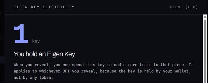 A dark-themed interface displaying 'EIGEN KEY ELIGIBILITY' with a large '1' indicating 'You hold an Eigen Key' for spending on a rare trait.