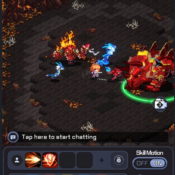 A screenshot of a pixel-art mobile game featuring a character battling red and blue monster bosses on a dark, fiery terrain, with skill icons and a "Tap here to start chatting" prompt.