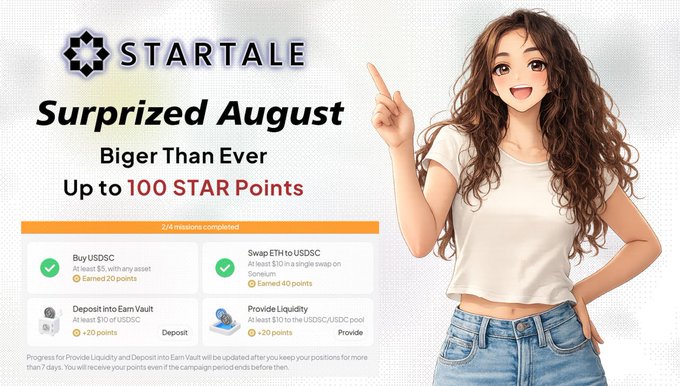 A promotional banner for STARTALE announces 'Surprized August - Bigger Than Ever' with up to 100 STAR Points, featuring an illustrated woman pointing upward alongside task completion progress.
