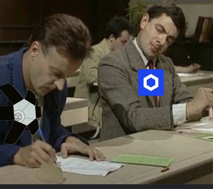 A vintage-style video still showing three men in an office setting, overlaid with a black crypto token logo on the left and a blue Chainlink (LINK) hexagon logo on the right.