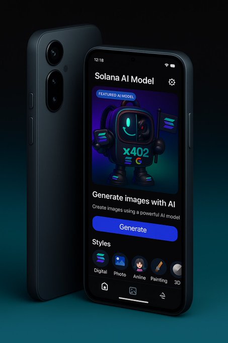 A promotional mockup of a smartphone displaying a 'Solana AI Model' app, featuring an 'x402' robot mascot and a 'Generate images with AI' function with style options including Digital, Photo, Anime, and 3D.