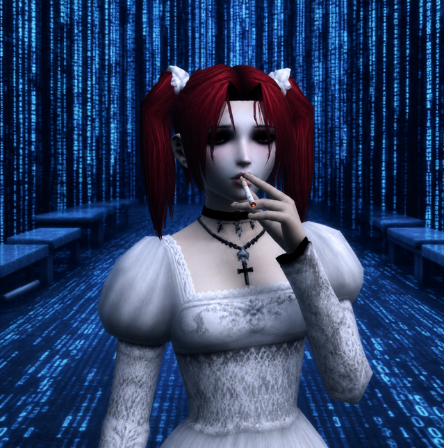 A 3D-rendered anime-style character with red pigtails, pale skin, and a white lace dress smokes a cigarette in front of a blue matrix-style digital background.