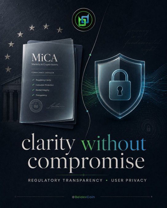 A promotional graphic for BeldexCoin featuring a MiCA compliance dossier highlighting 'Regulatory Clarity, Consumer Protection, Market Integrity, Transparency' alongside a padlock shield, with the tagline 'clarity without compromise' and 'REGULATORY TRANSPARENCY • USER PRIVACY'.