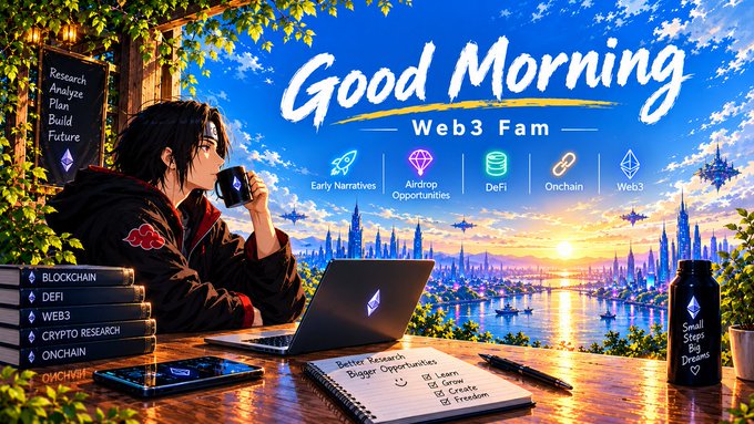 An anime-style illustration of a man with a laptop and coffee mug, set against a sunset cityscape, with text 'Good Morning Web3 Fam' and keywords like 'BLOCKCHAIN', 'DeFi', 'Early Narratives', 'Airdrop Opportunities', 'Onchain', and 'Web3'.