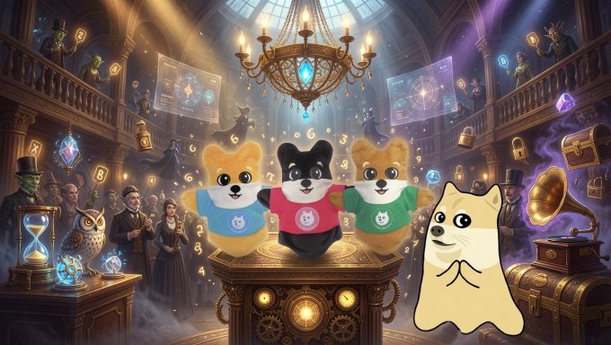 An illustrated scene with cartoon Shiba Inu dog characters in t-shirts standing on a pedestal in a grand hall, with a grumpy cat playing a gramophone and various treasure chests around them.