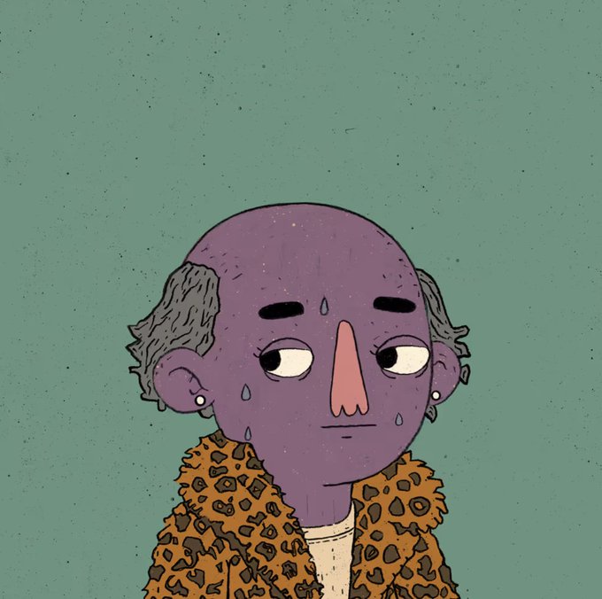 Illustration of a bald, purple-skinned character with gray side hair, wearing a leopard-print fur coat over a white shirt, with sweat drops on his face against a muted green background.