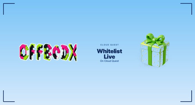 Promotional banner for the OFFBODY NFT collection announcing its whitelist raffle, featuring a colorful pixelated "OFFBODY" logo alongside text reading "CLOUD QUEST Whitelist Live On Cloud Quest" and a decorative 3D gift box with a green ribbon, illustrating the free mint giveaway of 444 unique voxel art pieces.