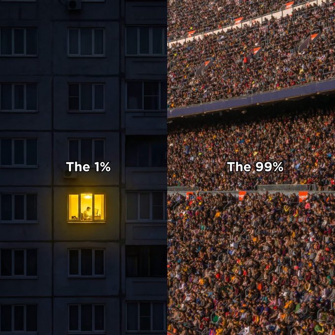 A split image illustrating wealth disparity: the left side shows a single lit window in a dark apartment building labeled 'The 1%' with a person working at a computer, while the right side shows a massive stadium crowd labeled 'The 99%'.