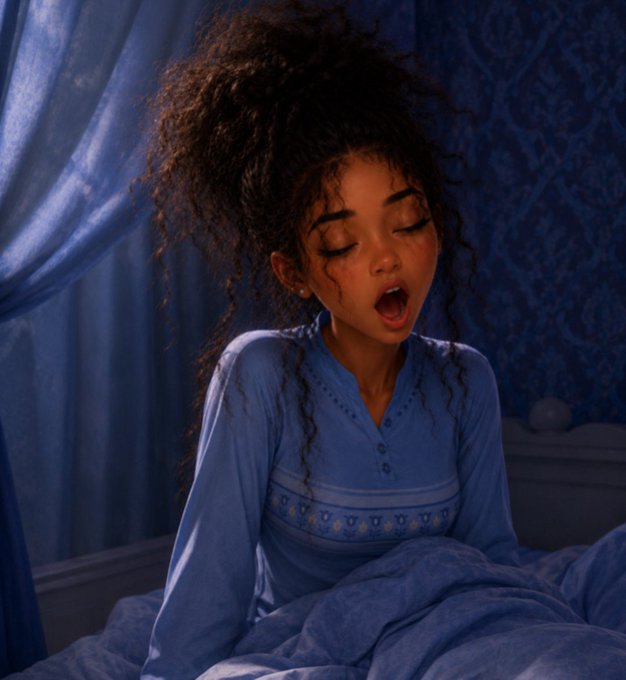 A 3D-rendered image of a young woman with curly hair yawning while sitting in bed, surrounded by blue curtains and bedding.