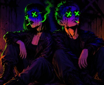 A digital illustration of two figures sitting in dark clothing with neon green and pink lighting, their faces obscured by glowing green 'X' marks and smoke-like effects.