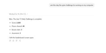 A forum or social media post titled "win the day the spite challenge its running on my computer" describing the completion of a "July 11 Daily Challenge" with a score of 2400, floors cleared at 48, and 3 anomalies, leaving the leaderboard screen open.